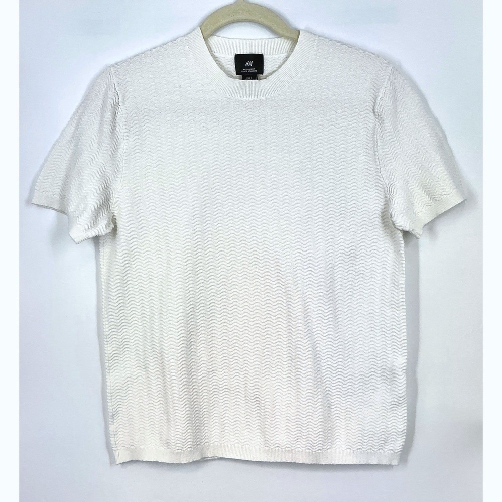 H&M Cream Cotton Textured Men's Short Sleeve‎ Sweater Top Size S Capsule